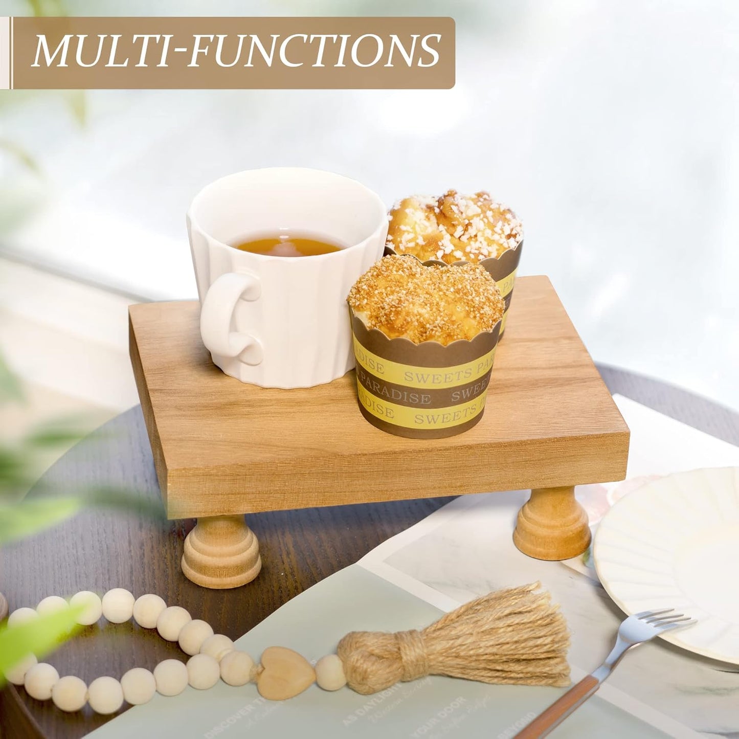 EOSAHR Modern Farmhouse Wood Riser for Display : Decorative Pedestal Stand for Home & Kitchen Decor and Retro Soap Stand for Sink - Rustic Bathroom Counter Tray and Countertop Organizer (Light Brown)