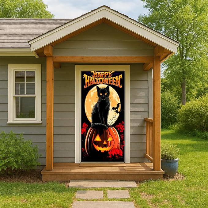 Halloween Door Banner Moonlit Night Black Cat Double Bat Spooky Decoration 71x35 Inches