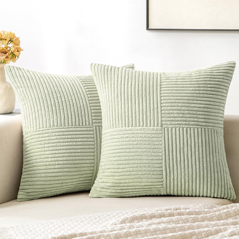 MIULEE Light Green Corduroy Pillow Covers Pack of 2 Boho Decorative Spliced Throw Pillow Covers Soft Solid Couch Pillowcases Cross Patchwork Textured Cushion Covers for Living Room Bed Sofa 18x18 inch