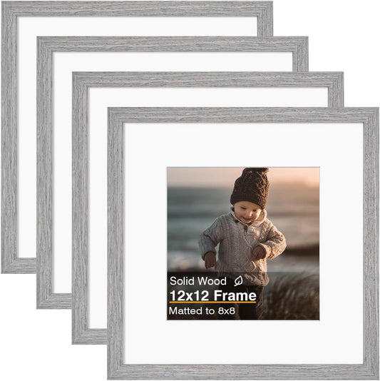 KINLINK 12x12 Picture Frame, Grey Square Solid Wood Frames for Pictures 8x8 with Mat or 12x12 without Mat, Wall Display Photo Frames Grey Wood 4 Pack