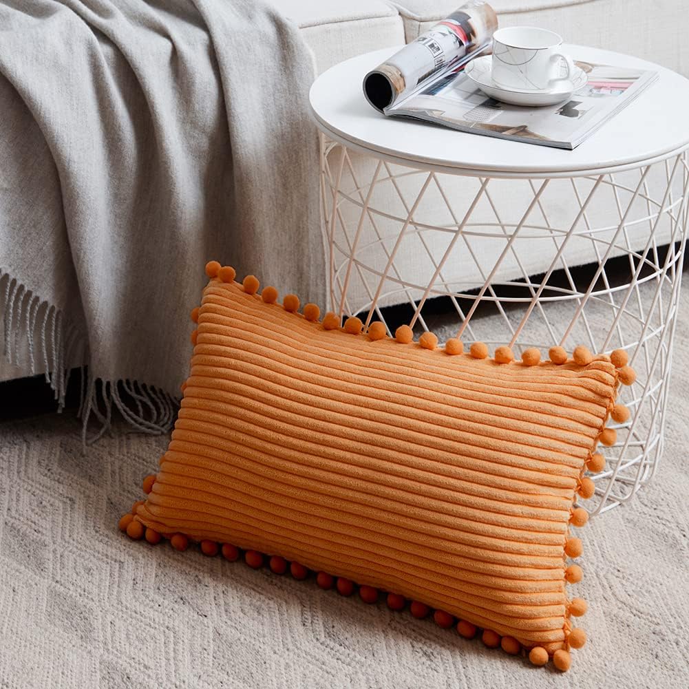 Fancy Homi Pack of 2 Fall Lumbar Decorative Throw Pillow Covers with Pom-poms, Soft Corduroy Solid Rectangle Cushion Cases for Couch Sofa Bed Living Room, Fall Home Decor (12x20 Inch/30x50 cm, Orange)