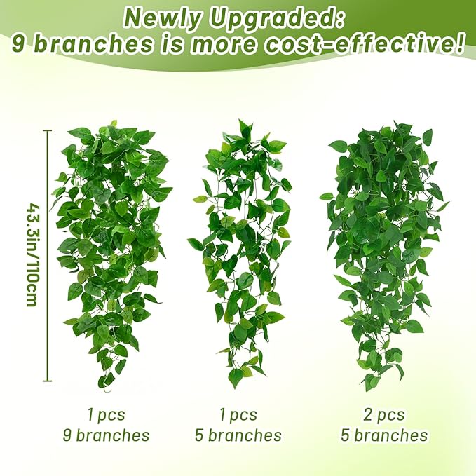 BLEUM CADE 2Pcs Fake Hanging Plants, 9 Branch Artificial Hanging Plant, Lush Faux Pothos Vines for Home Room Wall Shelf Porch Outdoor Indoor Decor (No Baskets)