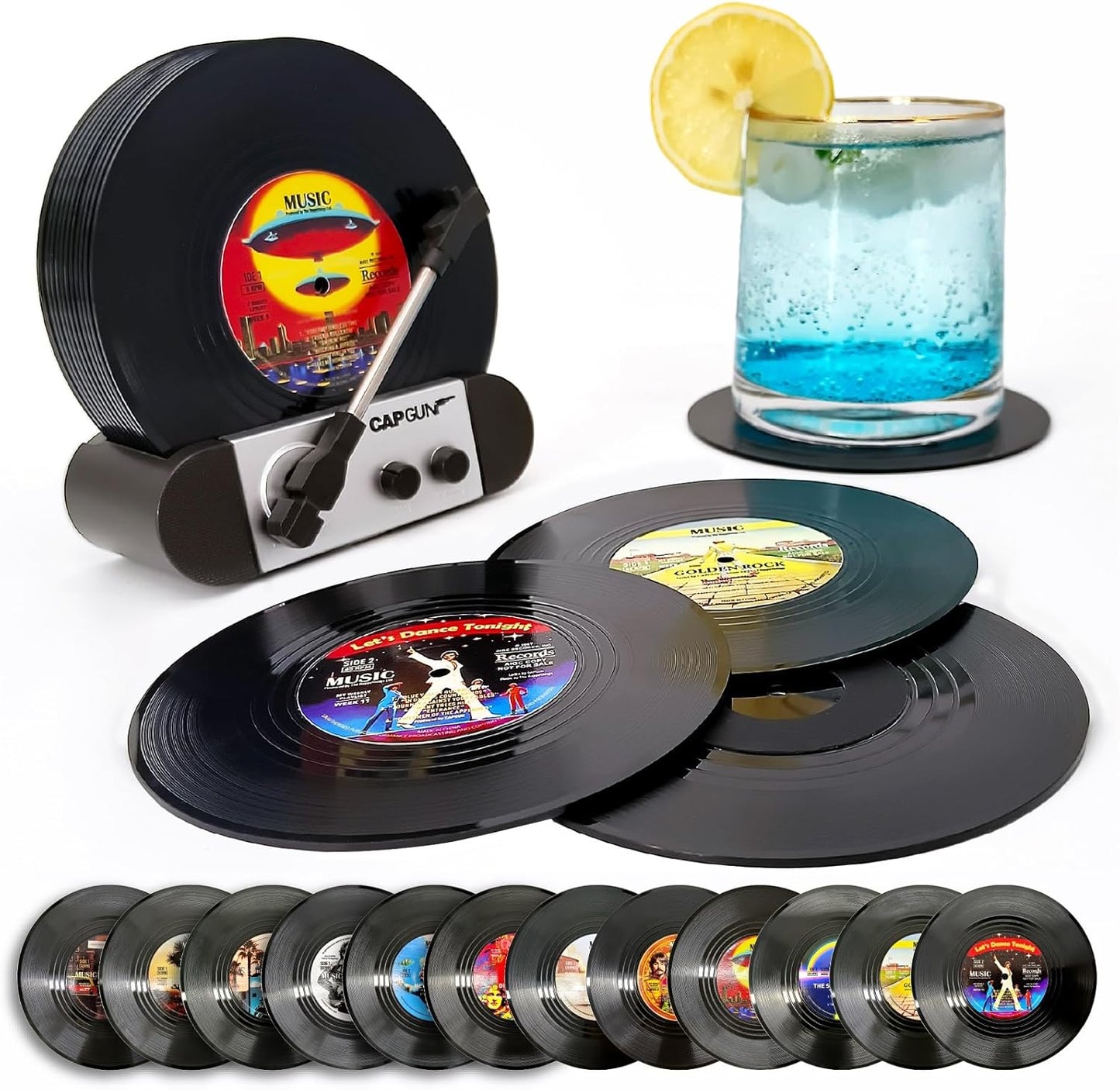 Funny Retro Vinyl Record Coasters, Creative Drink Coasters Set of 12 with Vinyl Record Player Holder for Music Lovers, Housewarming Hostess Gifts, Birthday and White Elephant Gifts Ideas
