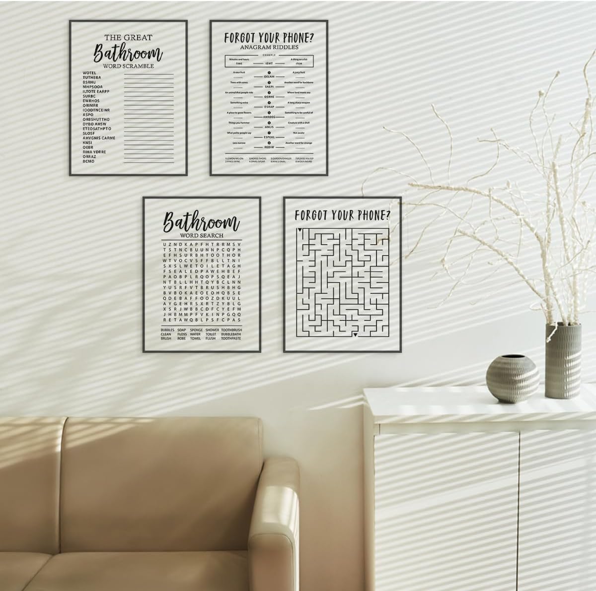 ETVISO Funny Bathroom Decor Wall Art Set of 4, Funny Crossword Puzzle Wall Art, Funny Forget Your Phone, Bathroom Word Search Wall Decor, 12x16 (Unframed)