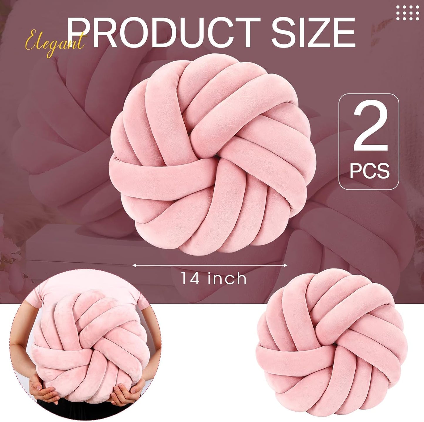 Fumete 2 Pcs 14 Inches Knot Pillow Round Throw Soft Plush Knot Ball Pillow Handmade Knotted Modern Home Decorative Cushion for Bed Bedroom, Sofa, Couch (Light Pink)