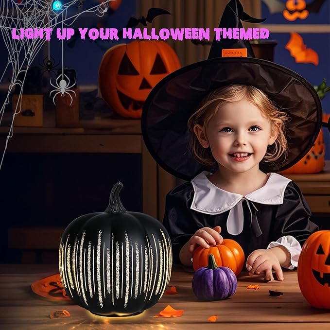 VCUTEKA Glass Pumpkin Lights, Lighted Pumpkins Halloween Decorations for Home, Pumpkin for Indoor Decor and Thanksgiving Centerpieces Tables Decor, Black