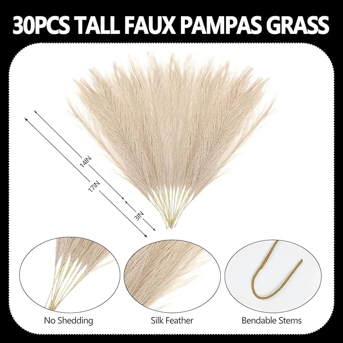 30 Pcs Light Coffee Faux Pampas Grass, 17 Inches Artificial Pampas Grass Bulk, Short Fluffy Faux Pompas for Vase Filler, Home Boho, Wedding Anniversaries, Baby Shower Decoration