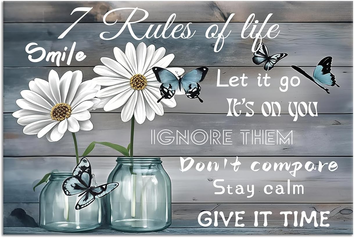 Inspirational Wall Art Rustic Daisy Butterfly Canvas Vintage Floral Wall Decor Poster Print Flowers Picture Painting Wall Decor Artwork for Living Room Workplace Gym Stretched and Framed [36''Wx24''H]