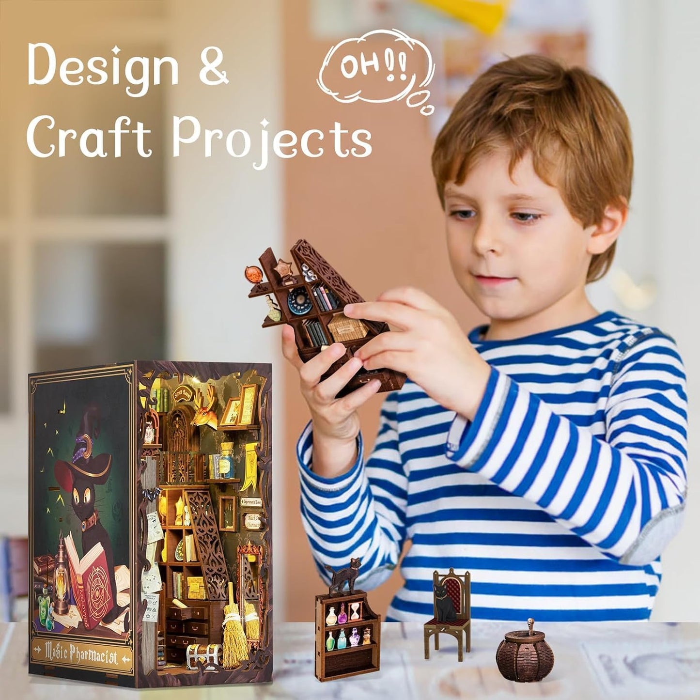 Fsolis Book Nook Kit, DIY Miniature House Kit 3D Wooden Puzzle Craft Kit for Adults Decorative Bookend Bookshelf Decor Gifts for Women Teens Book Lovers(Magic Pharmacist)