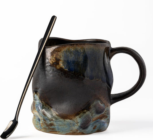 Handmade Ceramic Coffee Mugs, Mugs with Coffee Spoon, 11oz, Handmade Pottery Mug with Handle, Hand-painting, Unique Uneven Surface Tea cups, Dishwasher and Microwave Safe (Coffee Color)