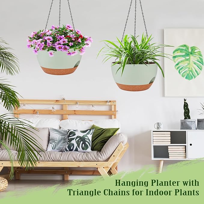 Hanging Planters for Outdoor Indoor Plants, 2 Pack 12 Inch Hanging Basket Plants Outdoor, Self Watering Hanging Planter with Plant Hanger for Garden Home Decoration (Green, 10 inch)