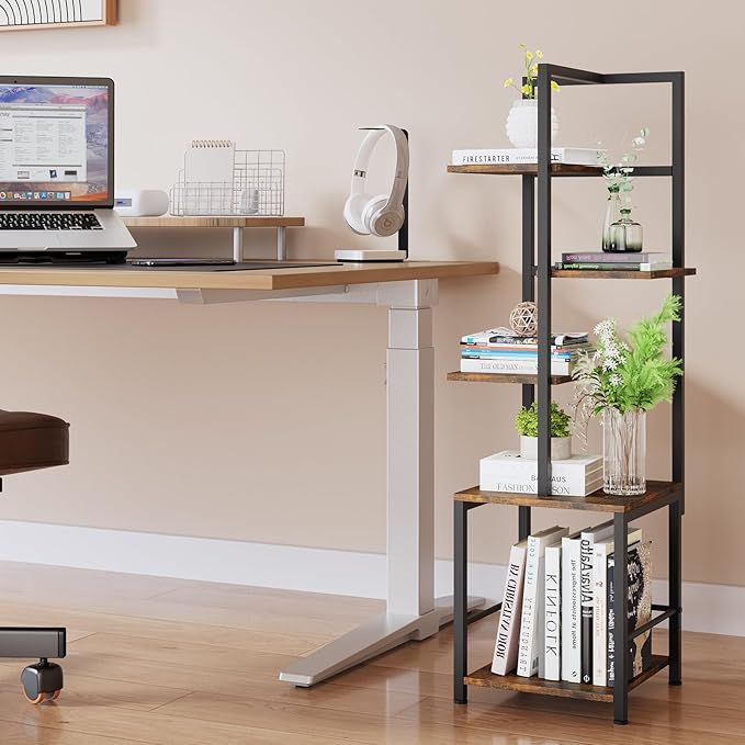 Plant Stand Indoor with Grow Light, 5-Tiered Tall Plant Stand Indoor, Metal Plant Shelf with Bookshelf Bookcase and Adjustable Light, Ideal for Living Room, Reading room, Garden, Patio (Brown)