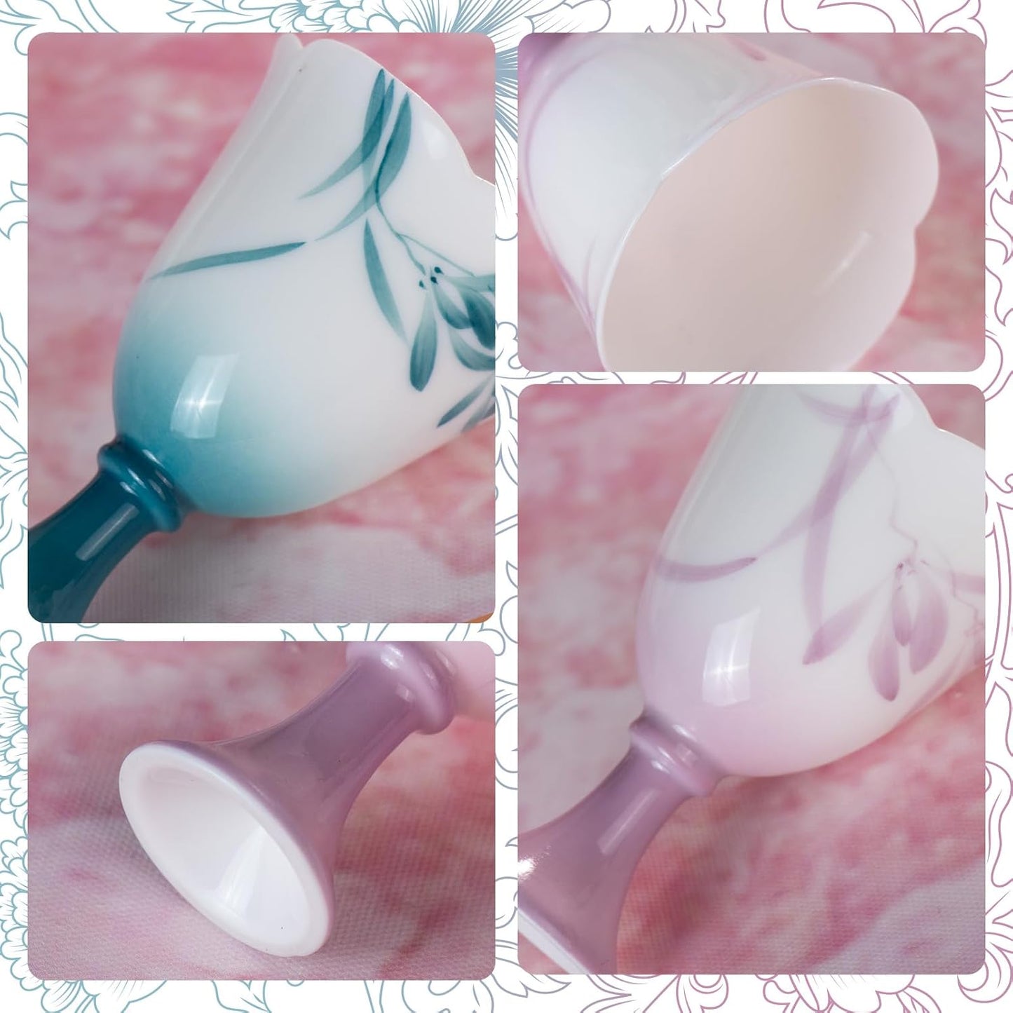 KAMMAK Ceramic Tea Cups Small, Cute Vintage Coffee Cup Set of 2, Porcelain Teacups Espresso Mug, 1.5oz Hand Painted Chinese Afternoon Tea Party Mugs, Birthday Gift for Women Men, Spring Beauty