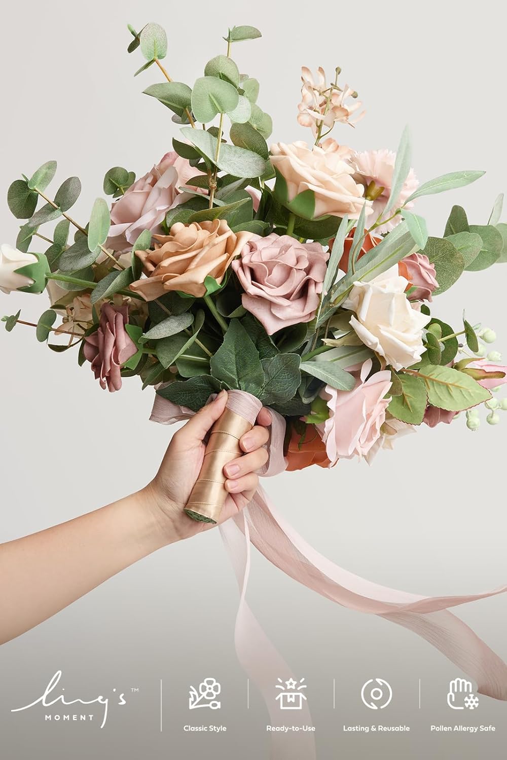 Ling's Moment Dusty Rose Wedding Bouquets for Bride, Pink Bridal Bouquets for Bride, 13 Inch Free Form Artificial Wedding Flower Bouquet