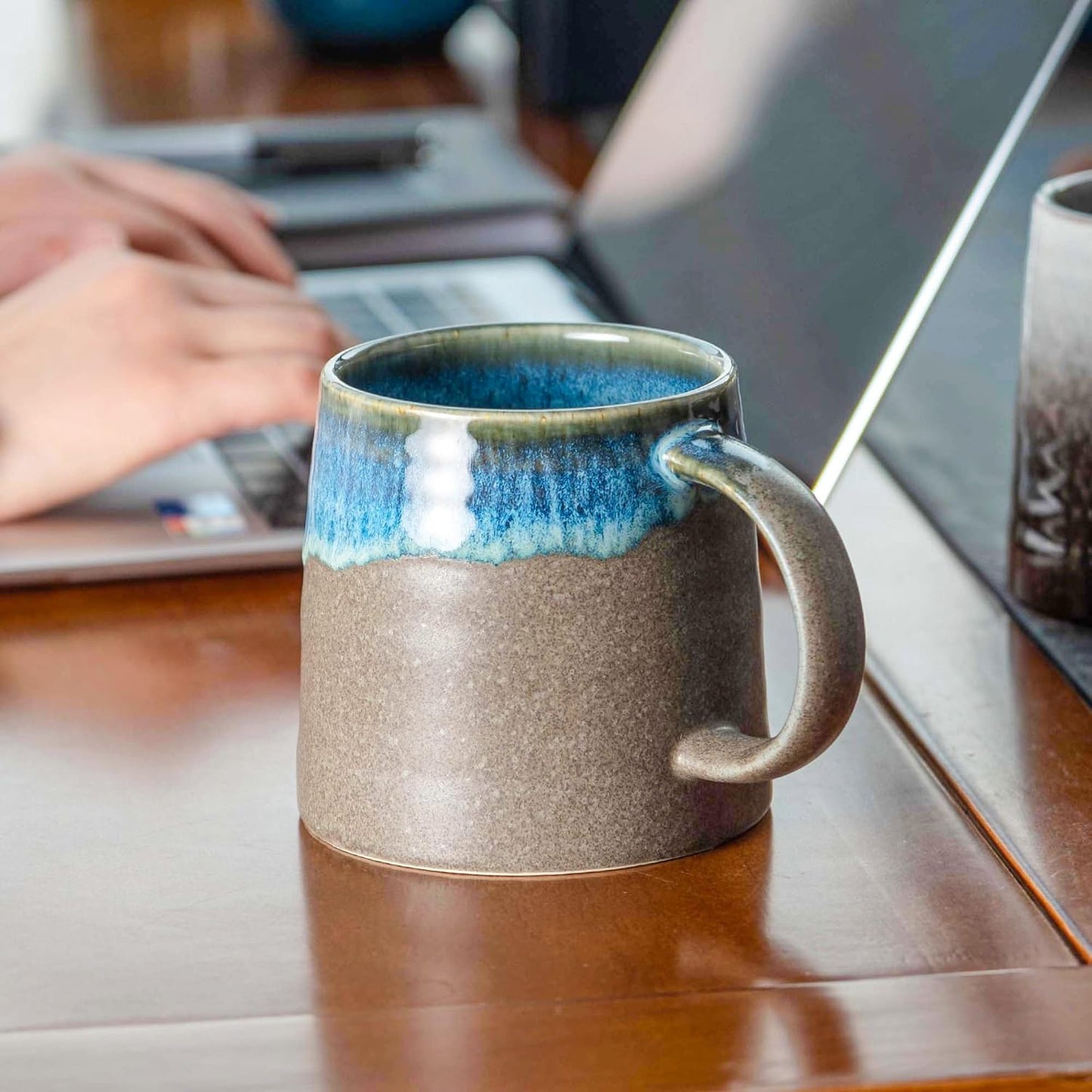 Large Ceramic Coffee Mugs, Handmade Pottery Mug, Tea Cups with Handle for Office and Home, 16 oz, Dishwasher and Microwave Safe (Blue Grey)