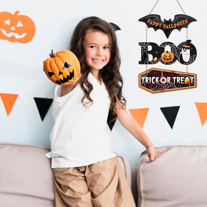 HOURIA Happy Halloween Wooden Sign(11.4”x14.6”),Halloween Boo Wall Decor,Cute Ghost Black Cat Pumpkin Door Hanger,Trick or Treat Wall Hanging Door Sign for Party Front Door Home Indoor Outdoor Yard