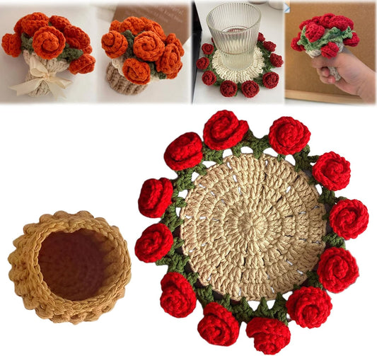 Crochet Flower Bouquet Blanket Coasters,Crochet Flower Potted Plant Flowers, Completed Mini Handmade Knitted Rose Romantic Gift for Girls Mom for Birthday, Anniversary,Valentines,Red