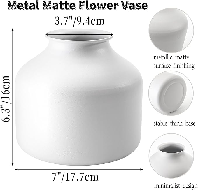 Goaste Metal Matte Flower Vase, Small White Vase for Flowers, 6.3 Inch Tall Iron Frosted Floral Arranging Vases, Nordic Style Round Boho Vases for Modern Minimalist Home Decor, Wedding, Bookshelf