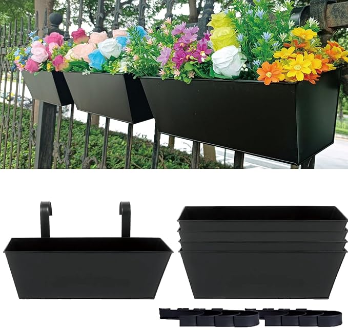 3 Pcs Large Hanging Flower Pots for Railing or Fence 16 Inch Railing Planter Box for Any Balcony Porch or Deck Countryside Style Window Planter Boxes Are Perfect to Herbs & Flowers (Black-5pcs)
