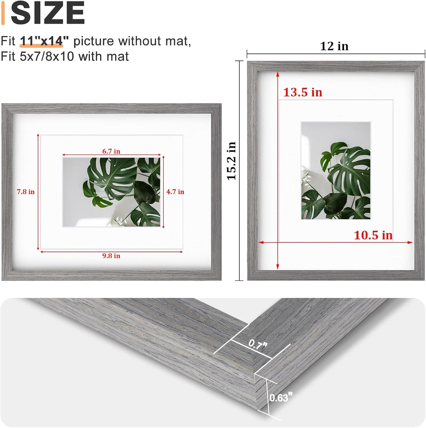 Egofine 11x14 Picture Frames Set of 4, Made of Solid Wood Covered by Plexiglass 5x7 and 8x10 with Mat or 11x14 without Mat, for Table Top Display and Wall Mounting Photo Frame Light Grey