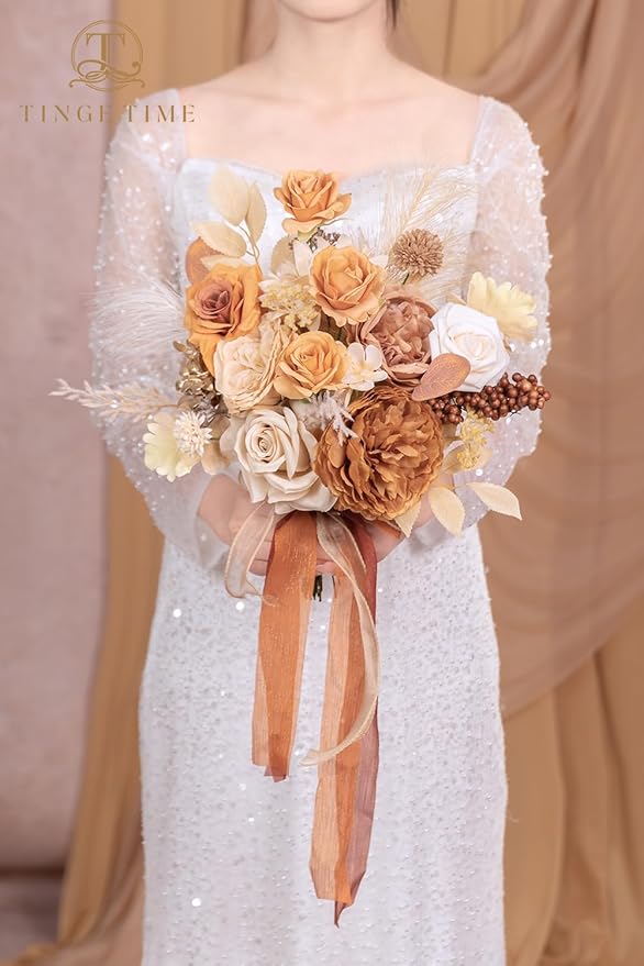 TINGE TIME Silk Fake Flowers Combo, Fake Foam Roses with Stems for DIY Wedding Bouquets Centerpieces Baby Shower Party Home Decorations(Nude Color & Pale Coffee)