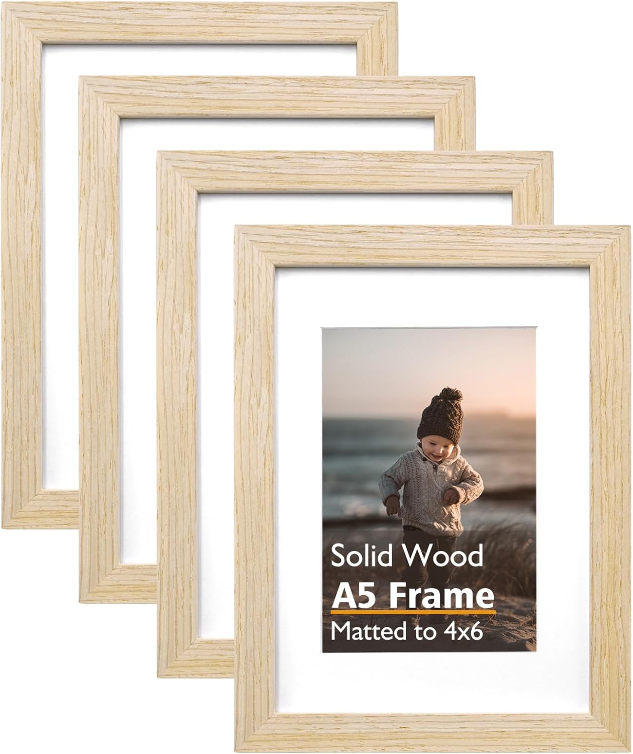 KINLINK A5 Picture Frame Natural, Solid Wood Frames with Acrylic Plexiglass for Pictures 4x6 with Mat or A5 without Mat, Tabletop and Wall Mounting Display, Set of 4