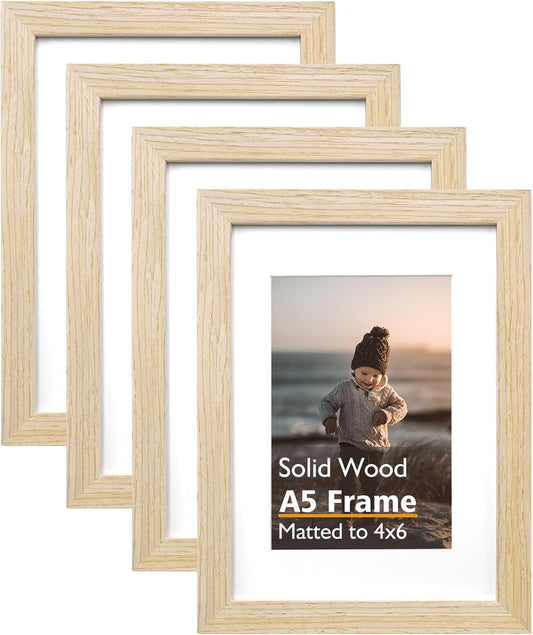 KINLINK A5 Picture Frame Natural, Solid Wood Frames with Acrylic Plexiglass for Pictures 4x6 with Mat or A5 without Mat, Tabletop and Wall Mounting Display, Set of 4
