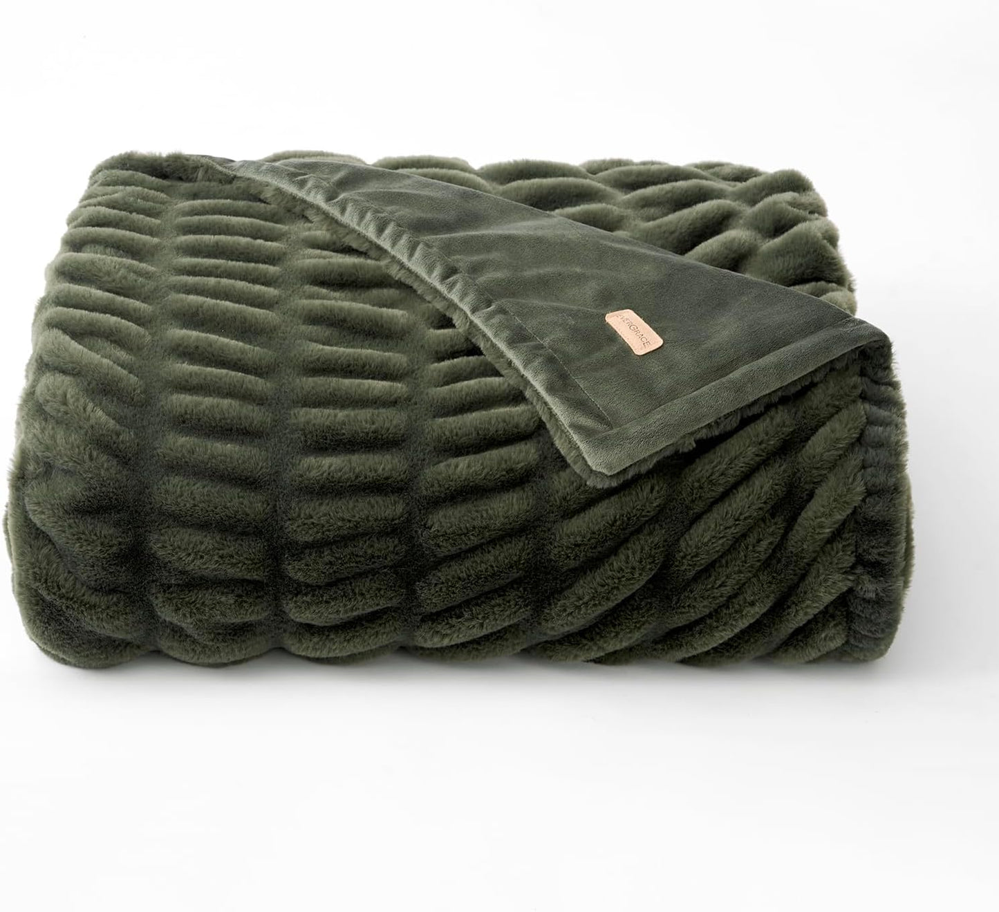 EVERGRACE Luxurious Soft Faux Rabbit Fur Throw Blanket, Cozy Fuzzy Plush Warm Throws for Couch Bed Sofa Chair Home Decor, Ruched Bubble Fluffy Blanket with Reversible Velvet, 60" x 80", Loden Green
