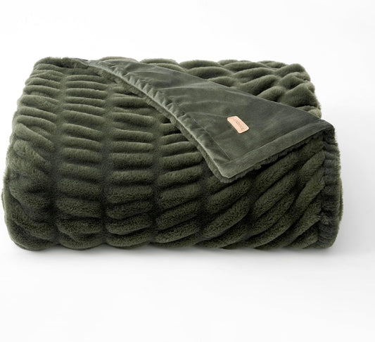 EVERGRACE Luxurious Soft Faux Rabbit Fur Throw Blanket, Cozy Fuzzy Plush Warm Throws for Couch Bed Sofa Chair Home Decor, Ruched Bubble Fluffy Blanket with Reversible Velvet, 60" x 80", Loden Green