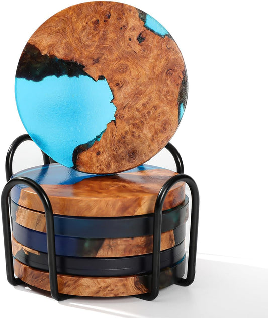 Drink Coaster Set, Wooden Coasters, Resin Coaster for Coffee Table, Tabletop Decorative Artwork, Unique, Handmade & Aesthetically Pleasing for Home, Office, Bar Decor,Coasters Set of 6 with Holder(6)