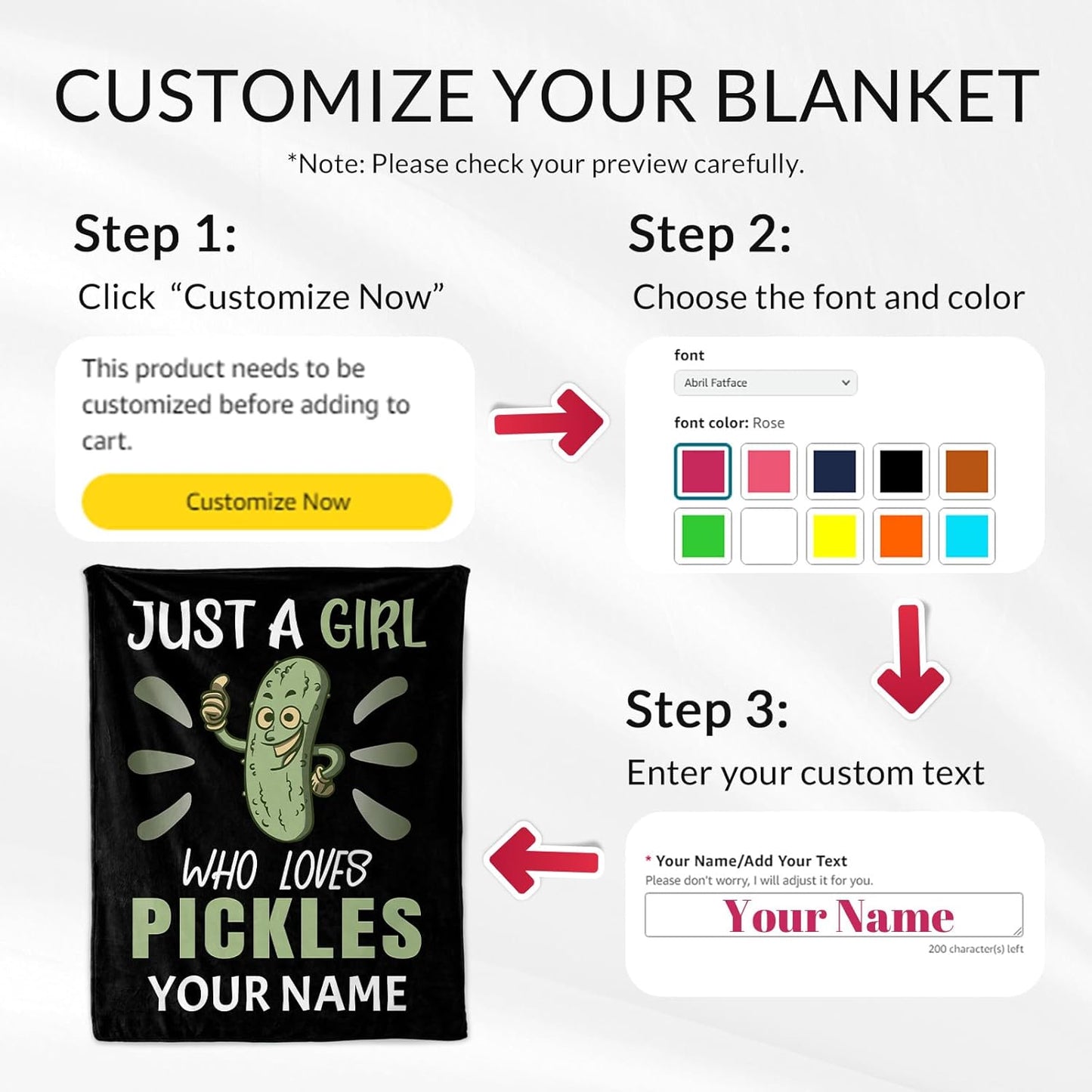 Custom Pickle Blanket for Girls - 60x80 Inches Twin Size with Name - Soft Fuzzy Plush Throws Gift - Black Novelty Throw Blanket for Bed, Couch, Living Room