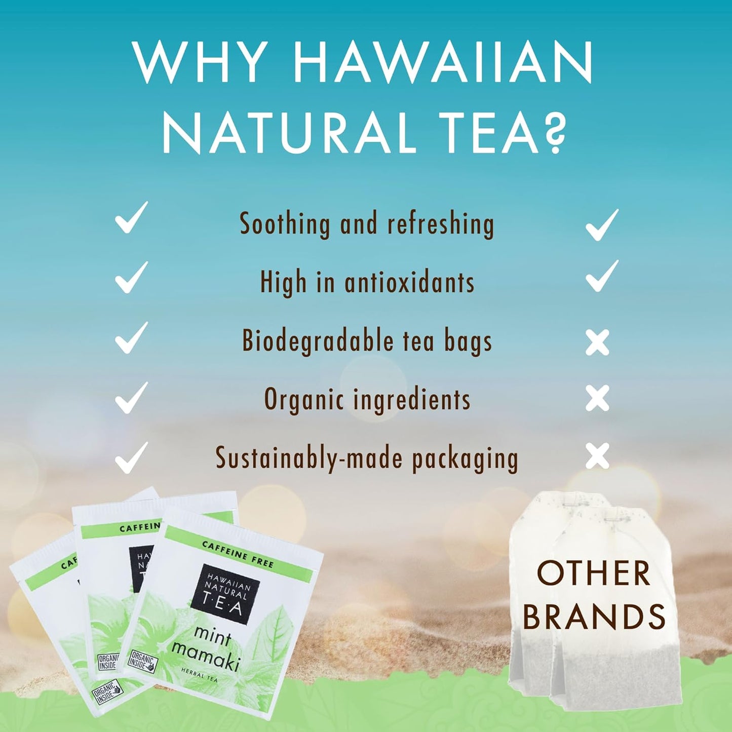 Hawaiian Natural Tea Organic Mamaki Mint Tea Blend - Caffeine Free, Herbal, Antioxidant-Rich For Calming, Wellness, Bedtime, Anxiety & Stress - Gift for Special Ocassions, 20 Bags
