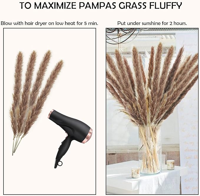 17" Pampas Grass, Uieke 30pcs Natural Dried Artificial Flowers Arrangements Large Reed Plumes Long for Home Wedding Party Decoration Wreath Vase Boho Decor Brown