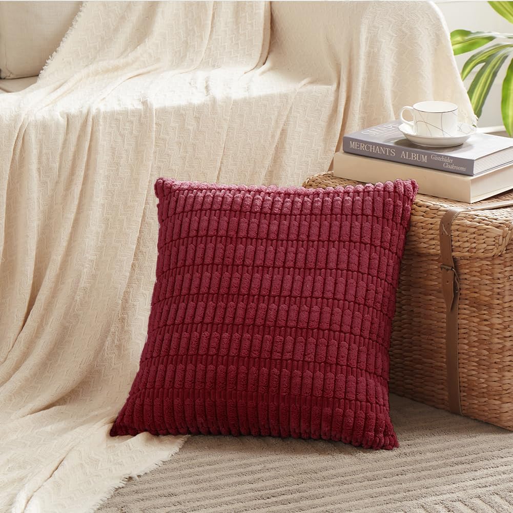 Fancy Homi 4 Packs Burgundy Decorative Throw Pillow Covers 20x20 Inch for Living Room Couch Bed, Holiday Christmas Home Decor Gift, Soft Plush Corduroy Square Cute Accent Cushion Case 50x50 cm