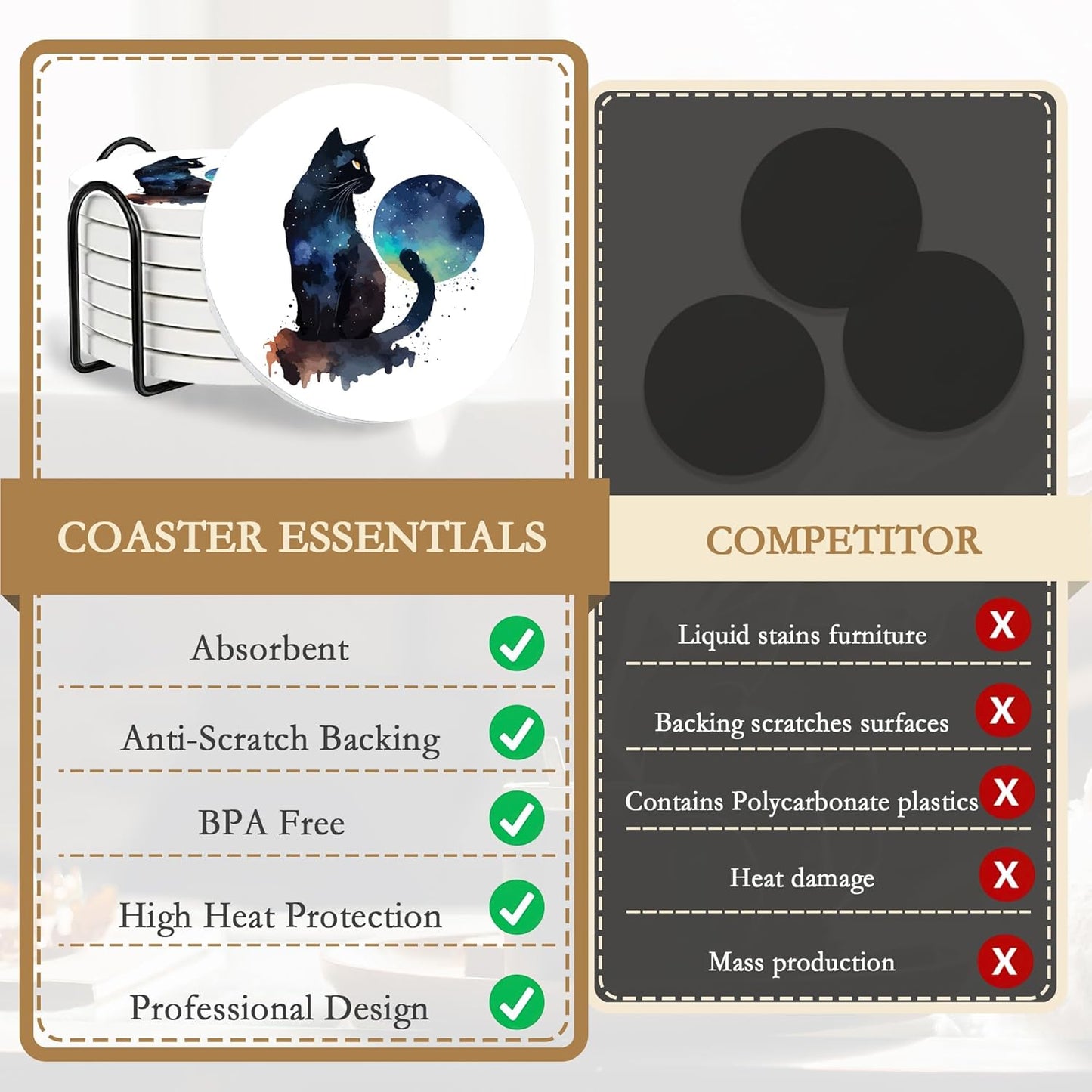 Drink Coasters with Holder,6 Pcs Black Cat Moon Coffee Cup Mat with Storage Holder, Durable Ceramic Coaster Set for Hot & Cold Beverages