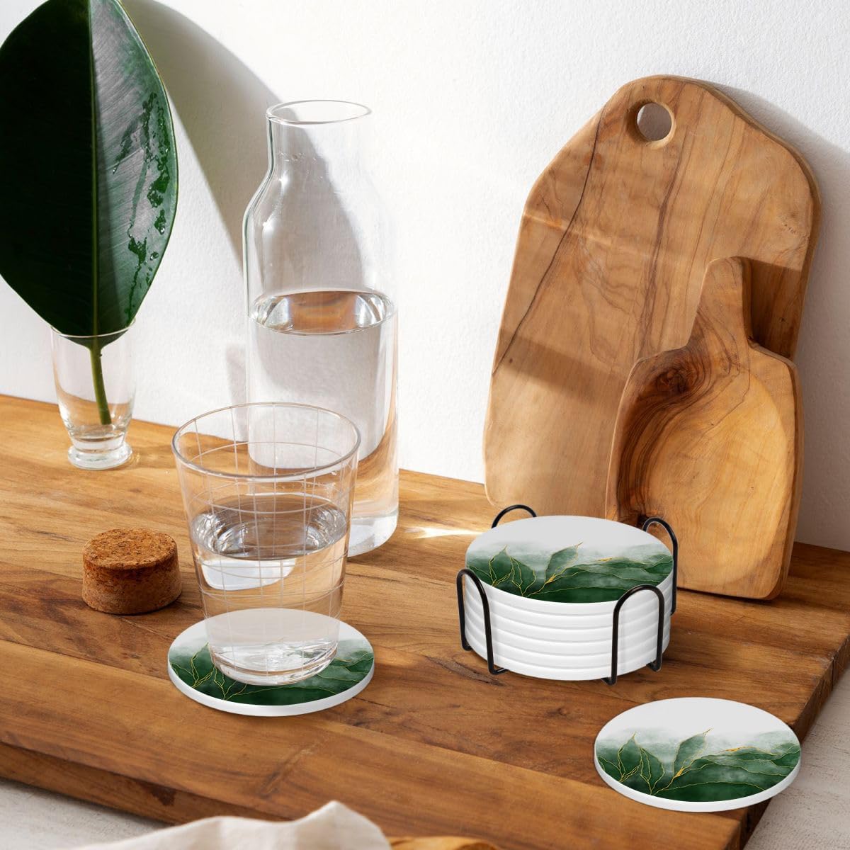 LOKMU Coasters for Drinks,Round Absorbent Ceramic Stone Coaster Sets of 6 with Metal Holder Stand,Green Paint and Golden Shiny Veins Coasters with Cork Base for Coffee Wooden Table,Housewarming Gifts