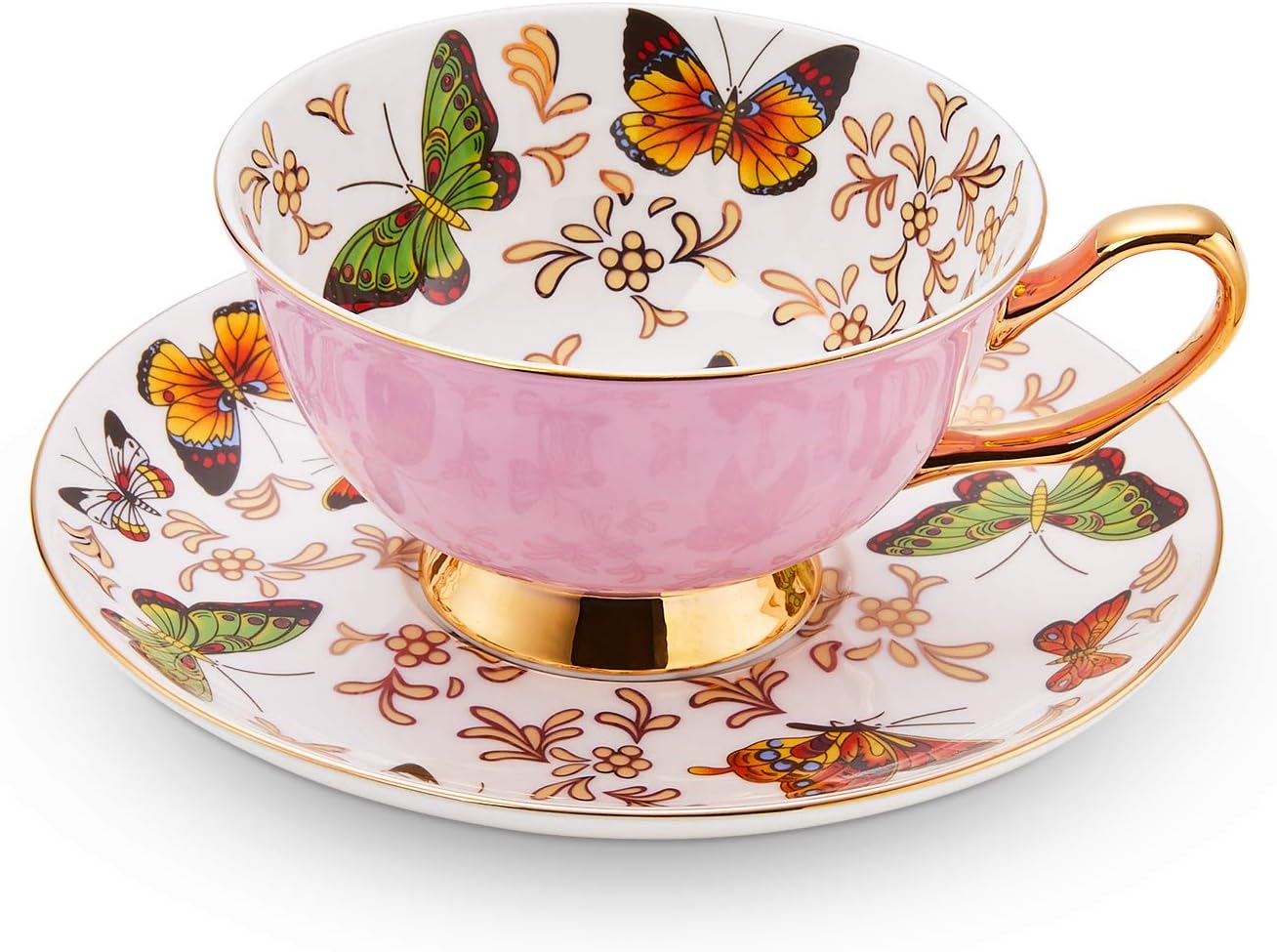 LURRIER Coffee Cup Mug with Saucer for Latte, Cappuccino Tea with Butterflies 6.8 Oz Fine Bone China, Dishwasher Safe, Reactive Glaze, 1 Pcs (Pink)