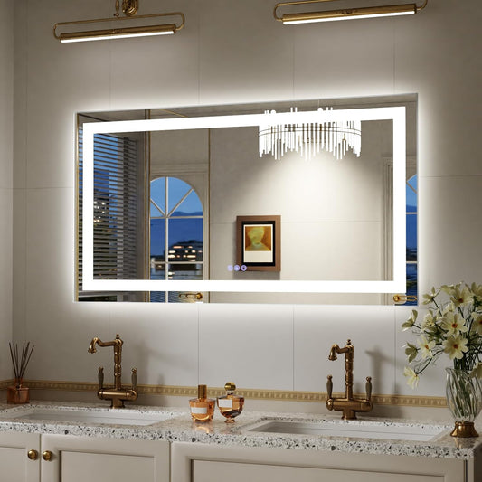 LED Bathroom Mirror with Lights, 55"x 30" Wall Mirrors with Anti-Fog, Dimmable, Backlit + Front Lit, 3 Color Modes, Memory Function Smart Mirror