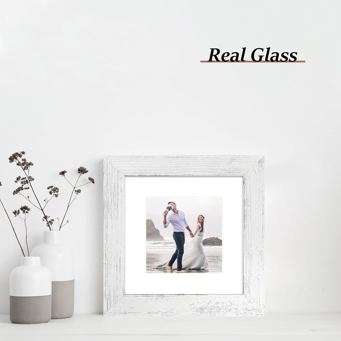 iRahmen 6x6 Picture Frame Set of 4 with High Definition Glass, Distressed White Frames Display 4x4 Picture with Mat or 6 x 6 Without Mat, Wood Square Photo Frame for Wall Mount and Tabletop Display