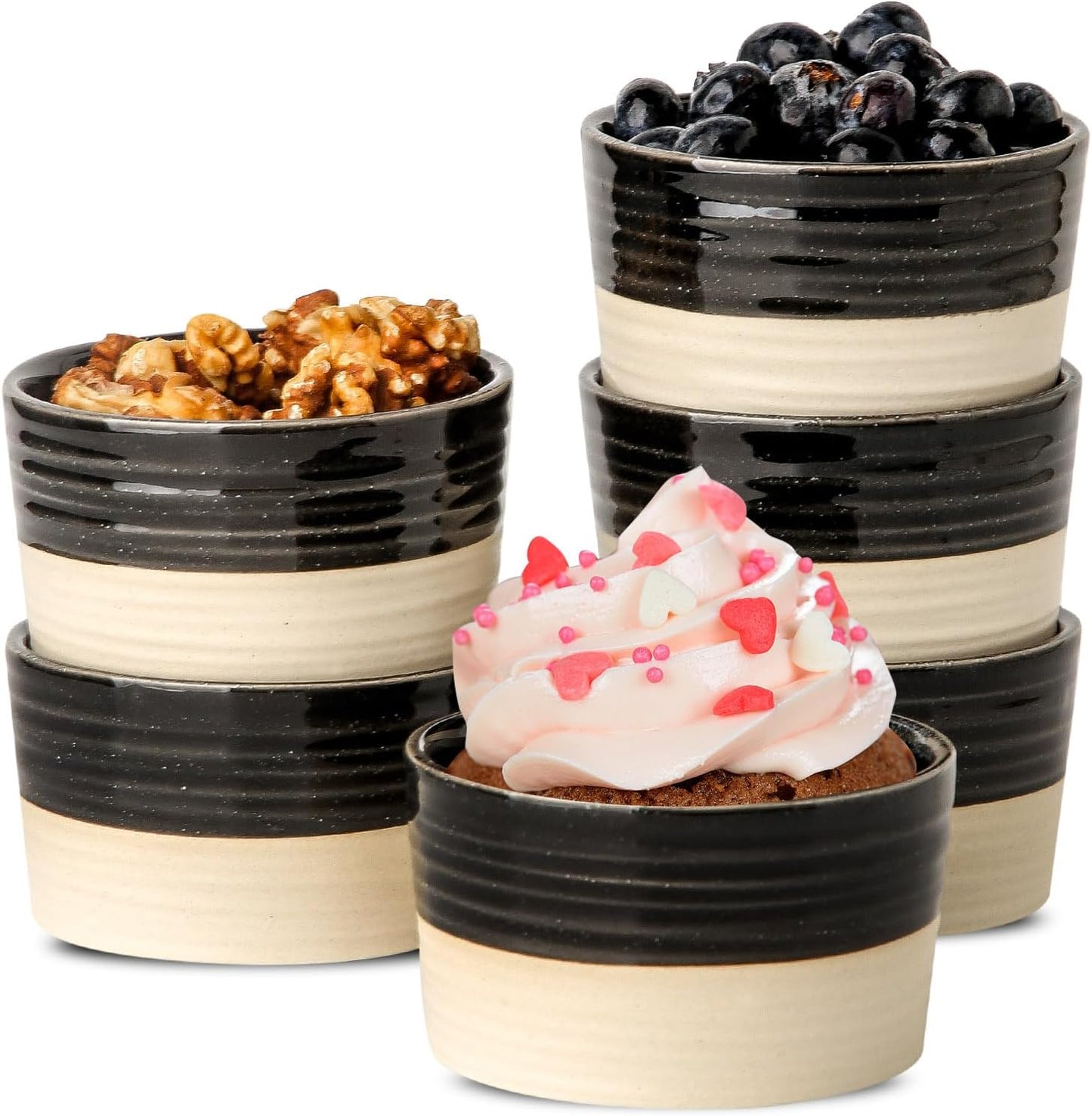Hasense Ceramic Ramekins 6 oz, Small Ramekins for Creme Brulee Souffle Dishes, Mini Baking Cups Oven Safe for Personal Pudding, Custard, Ice Cream, Dipping, Set of 6, Black