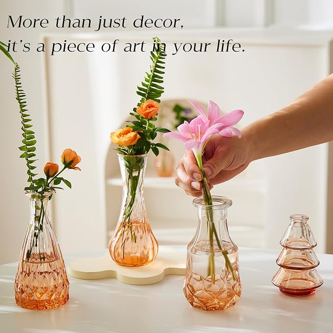 Glass Bud Vase Set of 30 - Small Vases for Flowers in Bulk - Assorted Vintage Crystal Vases for Flowers, Table Centerpieces (Amber, 30 Pcs)