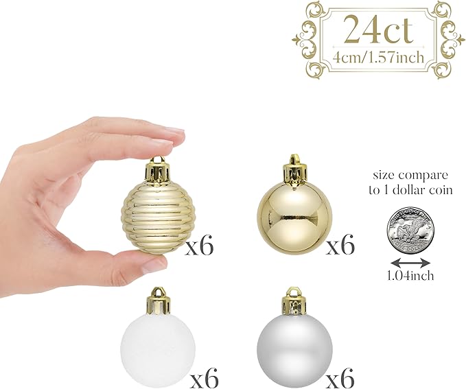 Valery Madelyn 1.57 Inches Small Christmas Tree Decorations Ornament Set for Fall Halloween, 24ct White and Gold Shatterproof Hanging Ball Ornaments Holiday Party Decor