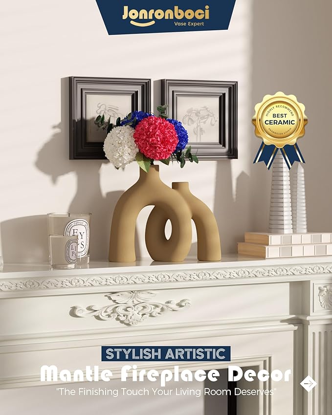 Hug Donut Decorative Vase Set - Tan Modern Rustic Farmhouse Style Vases Home Decor,Matte Ceramic Decorations for Living Room Shelf, Bookshelf Mantle Entryway Table Centerpiece or Console Décor(Brown)