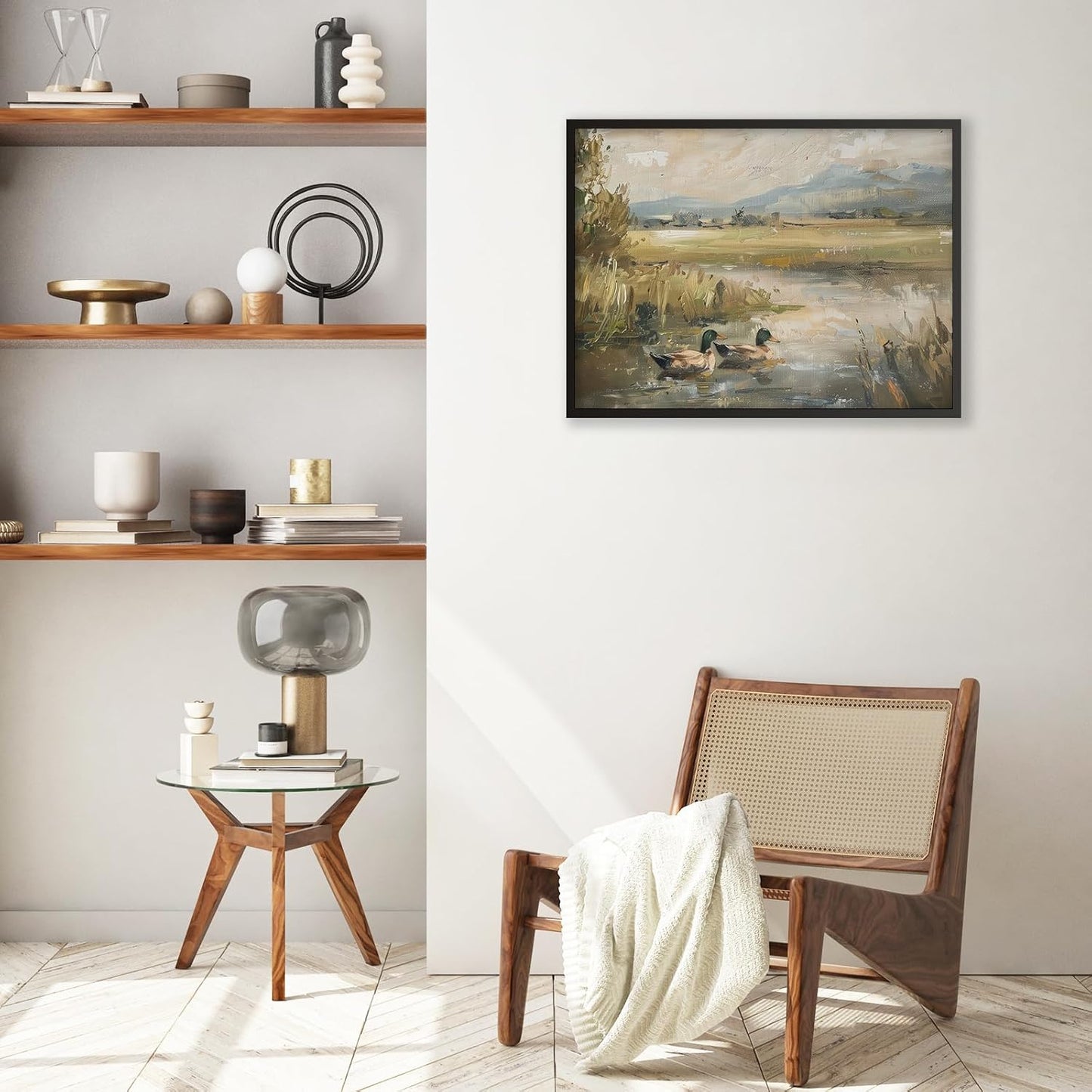 Mallard Duck Pond Poster Animal Farmhouse Canvas Wall Art Vintage Duck Painting Oil Painting 24x36 inch Black Framed Bird Hunter Gift for Rustic Cabin Nursery Wall Decor