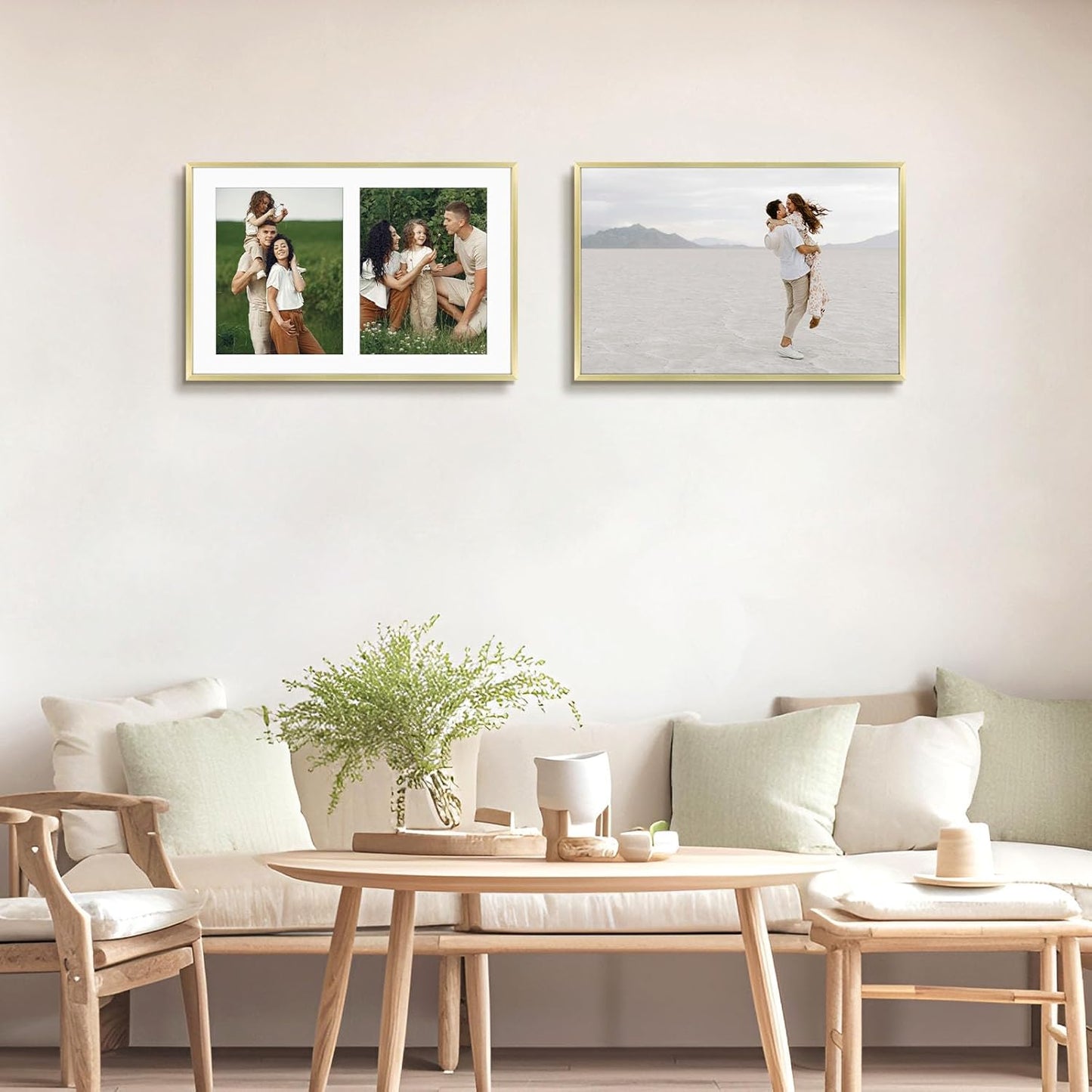 Frametory - 12x19 Aluminum Collage Picture Frame - Display 8x10 Pictures with 2 Openings Mat - Real Glass Front - Horizontal/Vertical Wall Mount - Gold 1 Pack