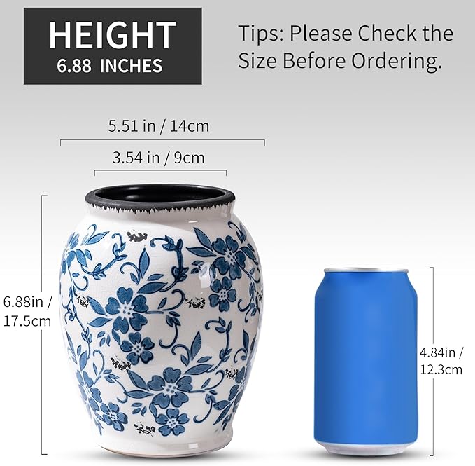 Blue and White Vintage Vase, Ceramic Chinoiserie Floral Vases, Round Farmhouse Rustic Table Centerpiece, Tuscan Home Decor, Large Crackle Glaze Flower Vase for Living Room, Office 6.9 Inch