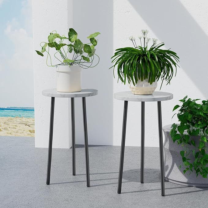 Plant Stand Indoor 2 Pack: Corner Wood 20 Inch Plant Stand Mid Century Modern Decor - Small Round Plant Table for Indoor Plants - Plant Holder for Patio Living Room Bathroom Office (White Marble)