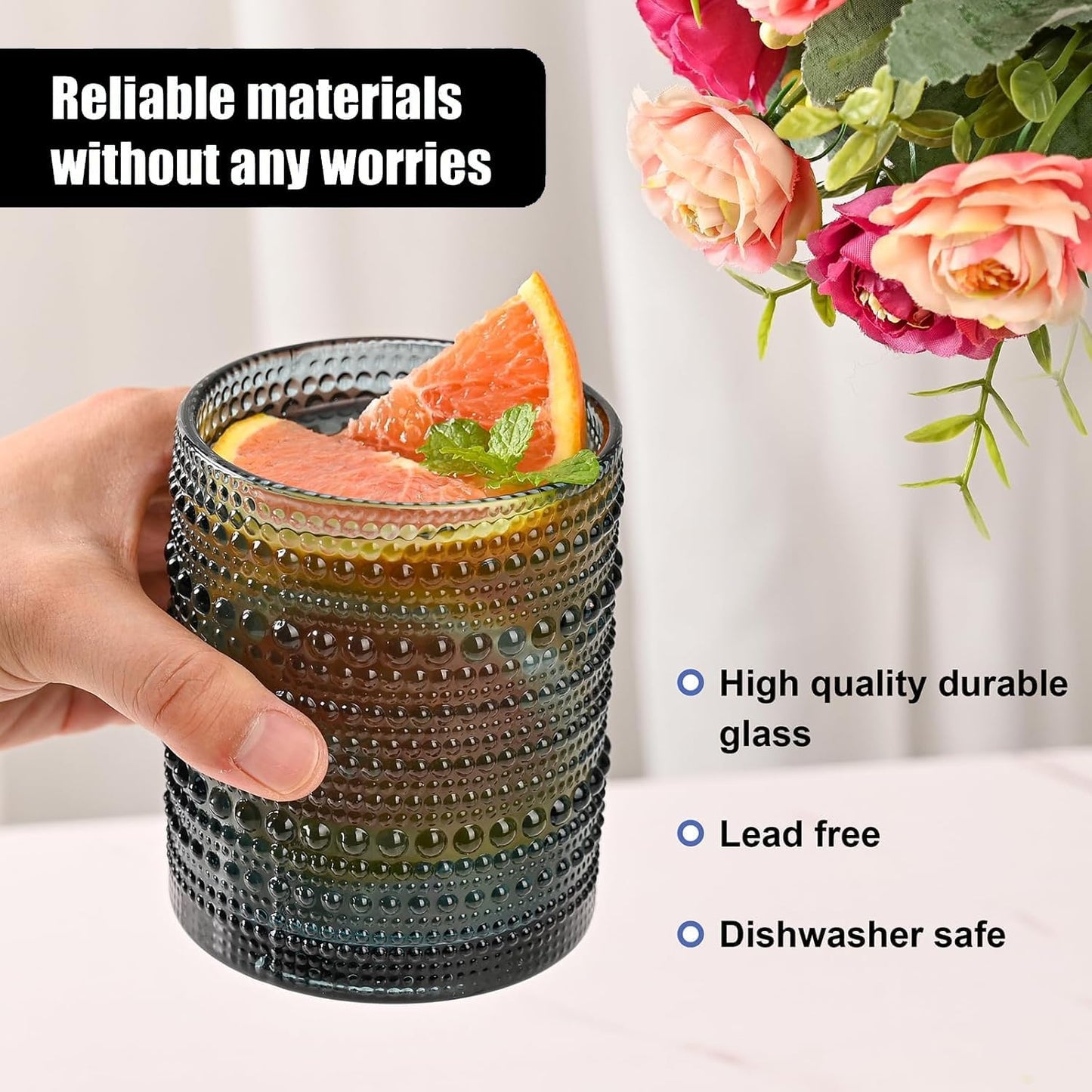 Colored Hobnail Drinking Glasses Set of 6,12oz Vintage Kitchen Glassware,Embossed Beaded Glass Cups,Water Tumbler for Cocktail,Juice and Various Mixed Drinks