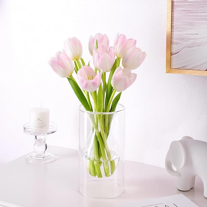 ZENS Unique Small Flower Vase, Modern Double Hollow Clear Glass Vase, Floating Decorative Vase Hand Blown Cool Bud Vase for Home Small Bouquet, Wedding Centerpieces