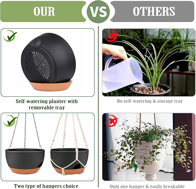 Hanging Planters for Outdoor Indoor Plants, 2 Pack 12 Inch Hanging Basket Plants Outdoor, Self Watering Hanging Planter with Plant Hanger for Garden Home Decoration (Black, 10 inch)